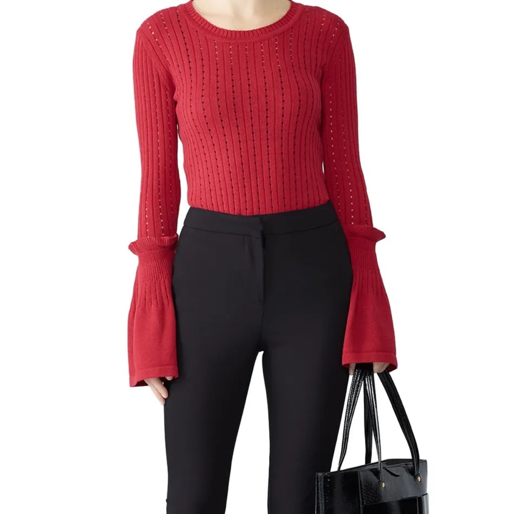 Slate & Willow red bell sleeve Vertical Cut Out lightweight knit Sweater Sz XS